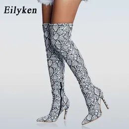 Eilyken Women Fashion Over the Knee Boots Snake grain High Boots Pointed Toe Zipper Thin High Heels Boots Shoes Winter 210911