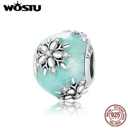 WOSTU 100% 925 Sterling Silber Schneeflocken Runde Perle Blau Anhänger Fit Original Armband Halskette DIY Charme Schmuck CQC1650 Q0531