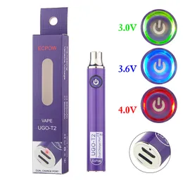 UGO T2 Vape Pen Battery Preheat 510 trådar Batteri 650mah 900mAh Justerbar spänning E Cigaretter Vaporizer Pen Batterier Dubbel laddningsport