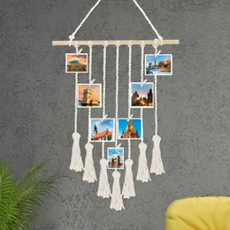 Trä Diy Po Visa vägg Bilder Vardagsrum Macrame Tapestry Hängande inredning med 30 Wood Clips Art Vacker heminredning 210609