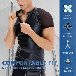 Shiny Faux PUレザーTシャツ男性フィットネス痩身ジムシェーピアOネックトップスウェットルック半袖タイツティーボクサー下着