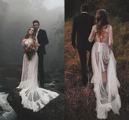 Romantic Country Wedding Dresses Long Train A-Line 2021 Sexy Backless Nude And Ivory Bohemian Bride Beach Wedding Dress Boho Bridal Gowns