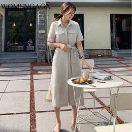 韓国韓国の気質包帯ウエスト半袖シャツスタイルのドレスファーマー夏の綿とリネンのドレスY024 210603