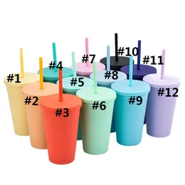 16oz Double Layer Plast Straw Cups Färgglada För Vuxna Barn Straight Kaffekopp Tryck Plast Frostat Vattenkupa med Halm H32SZ9X