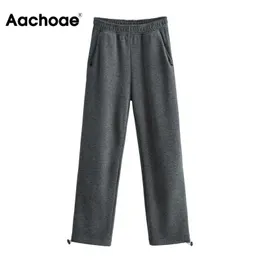 Aachoae Katı Renk Kadın Casual Uzun Pantolon 2021 Yüksek Bel Gevşek Sweatpants Cepler Ile Spor Giyim Bayanlar Pantolon Q0801