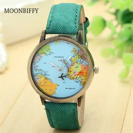 Party Favor Cool Mini World Fashion Quartz Watch Men Unisex Karta Flygplan Resa runt Kvinnorna Läder Klänning Armbandsur