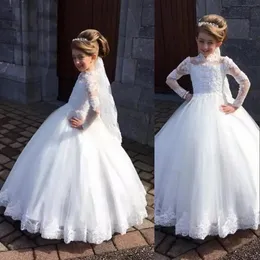 White Flower Girls Dresses Long Sleeves High Neck Lace Appliques Flowers Girl Dress Teens Kid Wear Birthday Party Communion Gowns