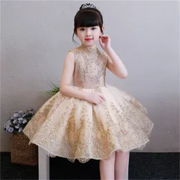 Elegant Golden Tulle Flower Girl Dress Party Kids Pageant Gown Princess Wedding Dress Sleeveless First Communion Dresses 1-14T 210303