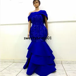 Gorgeous Aso Ebi Evening Dress Royal Blue Beading Mermaid Crystal Off The Shoulder Prom Party Dress African Cocktail Club Gowns