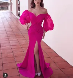 Abendkleider Formalna Party Dress Fuchsia Dubai Długie Rękawy Syrenki Suknie Wieczorowe Eleganckie Szczeliny Muzułmańskie Suknie Wieczorowe