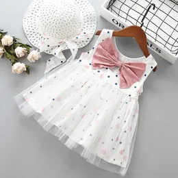 0-5 years High quality girl dress summer fashion bow Dot kid children baby clothing party princess with hat 210615