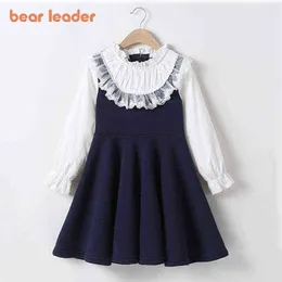 Bear Leader School New Girls Clothing Dress Baby Casual Dress Kids Patchwork Fall Clothes Children Long Sleeve Dress Blue White AA220302