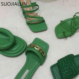 Suojialun 2021 여성 슬리퍼 패션 그린 숙녀 평면 힐 슬라이드 여름 야외 해변 미끄러짐 샌들 신발 여성 플립 플롭 K78