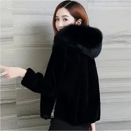 Faux Fur Coat with Hood Fashion Slim Black Faux Fur Kurtka Fałszywy futro królika 211019