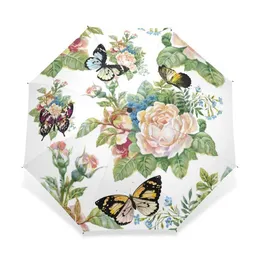 Full Automatic Butterfly Paraply Tre Folding Flower Kids Parasol Rain Gear Guarga Chuva Paragua 210626