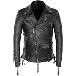 Jaqueta de couro de motocicleta mensura genuína casaco de couro punk rock zippers