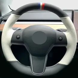 Handstitched Soft Car Reering Wheel Cover Icke-slip svart äkta läder för Tesla Model 3 2017-2020