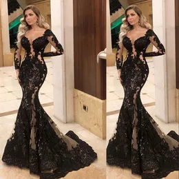 2021 Sexig Black Mermaid Evening Pageant Klänningar Illusion Långärmad Lace Sequins Appliqued Sheer Sweetheart Crystal Beads Fishtail Occasion Prom Wear Gowns