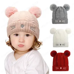 Cute Cat Cappello invernale per bambini Fodera in peluche Cappelli lavorati a maglia per bambini Berretto per ragazze Ragazzi Accessori Cappello con pompon per bambini Berretto per bambini 6-36M