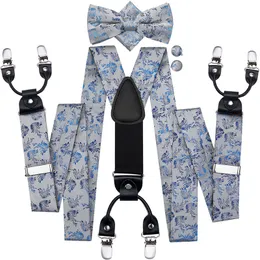 Hi-Tie 100% Silk Adult Mens and Set Classic Wedding Party Blue Silver Floral Bowtie Braces Suspender Men