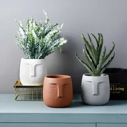 14CM Nordic Style Cement Flower Pot Creative Art Portrait Face Succulent Cactus Planter Pot With Vent Hole Home Decoration 210712