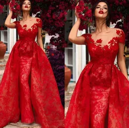 Red Lace Prom Dresses with Overskirt 2021 Short Sleeves Custom Made Plus Size Evening Party Gown vestidos Appliqued Formal Occasion Wear