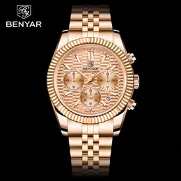 Armbandsur Benyar 2021 män kvarts titta på lyx safir glas timepiece rostfritt stål automatiskt vattentätt för reloj hombre
