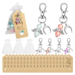 Mini Pearl Angle Guardian Angel Lucky Charm Keychains with Thank You Tag Candy Bag Pouch for Rustic Wedding Decorations G1019