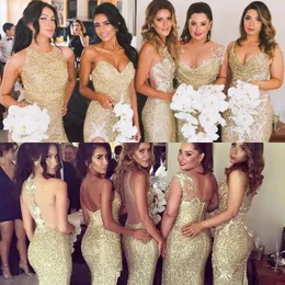 Sexy Sequins Bridesmaid Gold Bling Different Neckline Illusion Back High Split Evening Dresses Sheath Long Maid Of Honor Gowns 403