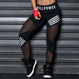Kvinnor Leggings High Waist Mesh Pacthwork Sport Leggings Plus Size Black Gym Fitness Letter Print Sportwear Femme 211215