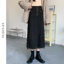 Yedinas High Waist Women Black Denim Skirt Long Casual Jean Kjolar Punk Style Lace Up Streetwear Autumn Fashion 210527