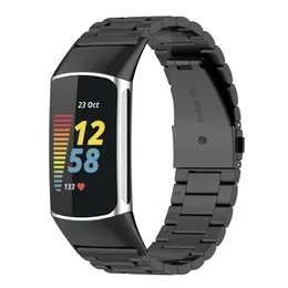 Klassisk rostfritt stålband Metal Tre pärla slanghot Buckle Watch Band för Fitbit Charge 5 Charge5