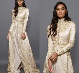 긴 소매 모로코 caftan 이브닝 드레스 2022 높은 목 이슬람 레이스 Kaftan 특별 행사 두바이 공식 무도회 드레스