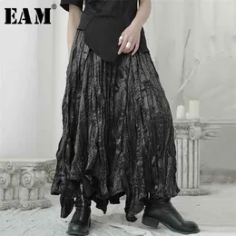 [EAM] High Elastic Waist Black Pleated Irregular Long Temperament Half-body Skirt Women Fashion Spring Autumn 1U965 210730