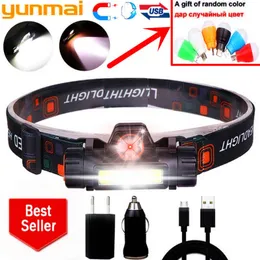 Headlamps Uppladdningsbara 12000lm Kraftfull strålkastare XPE + COB USB Headlamp Inbyggd batterihuvud Ljus Vattentät Torch Campinglampa