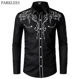 Stilvolle Western Cowboy Hemd Männer Marke Design Stickerei Slim Fit Casual Langarm Shirts Herren Hochzeit Party Shirt für Männer 210708