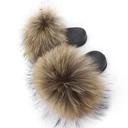 Coolsa Slippers Real Fur Slides Fluffy Fox Hair Sandals PU Flat Women Fuzzy Home Flip Flop Beach Shoes
