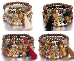 5 stilar MultiLayer Wood Pärlor Strands Tassel Tree of Life Charm Armband Bohemian Beach Style Bangles för Kvinnor Present Armband Mala Armband Partihandel