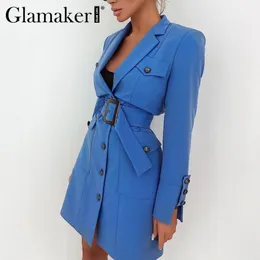 Glamaker Blue Moda Primavera Verão Mini Blazer Vestido Escritório Senhoras Botão Decoração Slim Sexy Sexy Vestido com BeltNew 210303