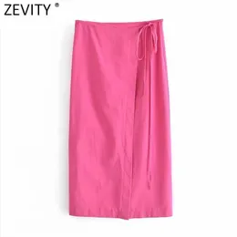 Zevity Women Fashion Solid Color Lace Up Sling A Line Midi Skirt Faldas Mujer Female Wrapped Casual Slim Sweet Skirts QUN787 210603