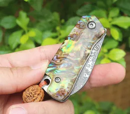 Coltello pieghevole tascabile promozionale VG10 Lama in acciaio damasco Conchiglia in abalone + Manico in acciaio inossidabile Mini coltelli regalo piccoli EDC con borsa in nylon