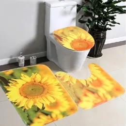 Bath Mats Sunflower Printing Toilet Three-piece Floor Mat Door Bathroom Carpet Waterproof Non-slip Decor