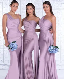 Blush 2022 Pink African One Shoulder Mermaid Bridesmaid Dresses Floor Length Wedding Guest Gowns Junior Maid Of Honor Dress Ribbon Elastic Satin Party Gown