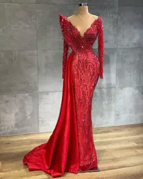 aso ebi arabic red luxurious mermaid evening dresses beaded lace prom dresses sheer neck formal party second reception gowns zj755