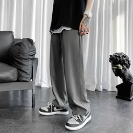 HYBSKR Yaz İpek Buz Geniş Bacak Pantolon Erkekler Için Streetwear Katı Renk Rahat Düz Pantolon Artı Boyutu Pantolon 210616
