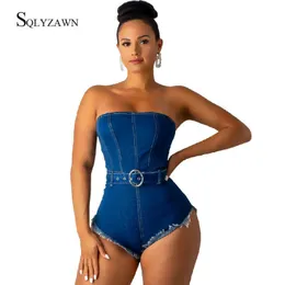 Kobiety seksowne dżinsowe bodycon bez ramiączek Bodysuit Streetwear Niebieski żółty burr Jean Backless Club chudy rękawów ogólnie 210709