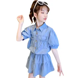 Kinderkleidung Mädchen Denim T-shirt + kurze Teenager-Kleidung Beiläufige Stil Sets Sommer Kinder 6 8 10 12 14 210528