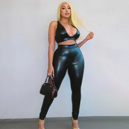 Faux Leather Two Piece Suits Women Clubwear Sleeveless Low Cut Crop Tank Top High Waist PU Leggings Sets Lady Black Sets 210604