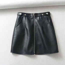 Topy czarne faux skórzane mini spódnice przedni zamek błyskawiczny wysoki talia spódnice koreański styl streetwear zimowe ubrania 211120
