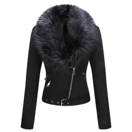 Geschallino Winter Women's Jacket Thick Warm Faux Suede Short Coat Detachable Faux Fur Collar Leather Jackets Outwear 211110